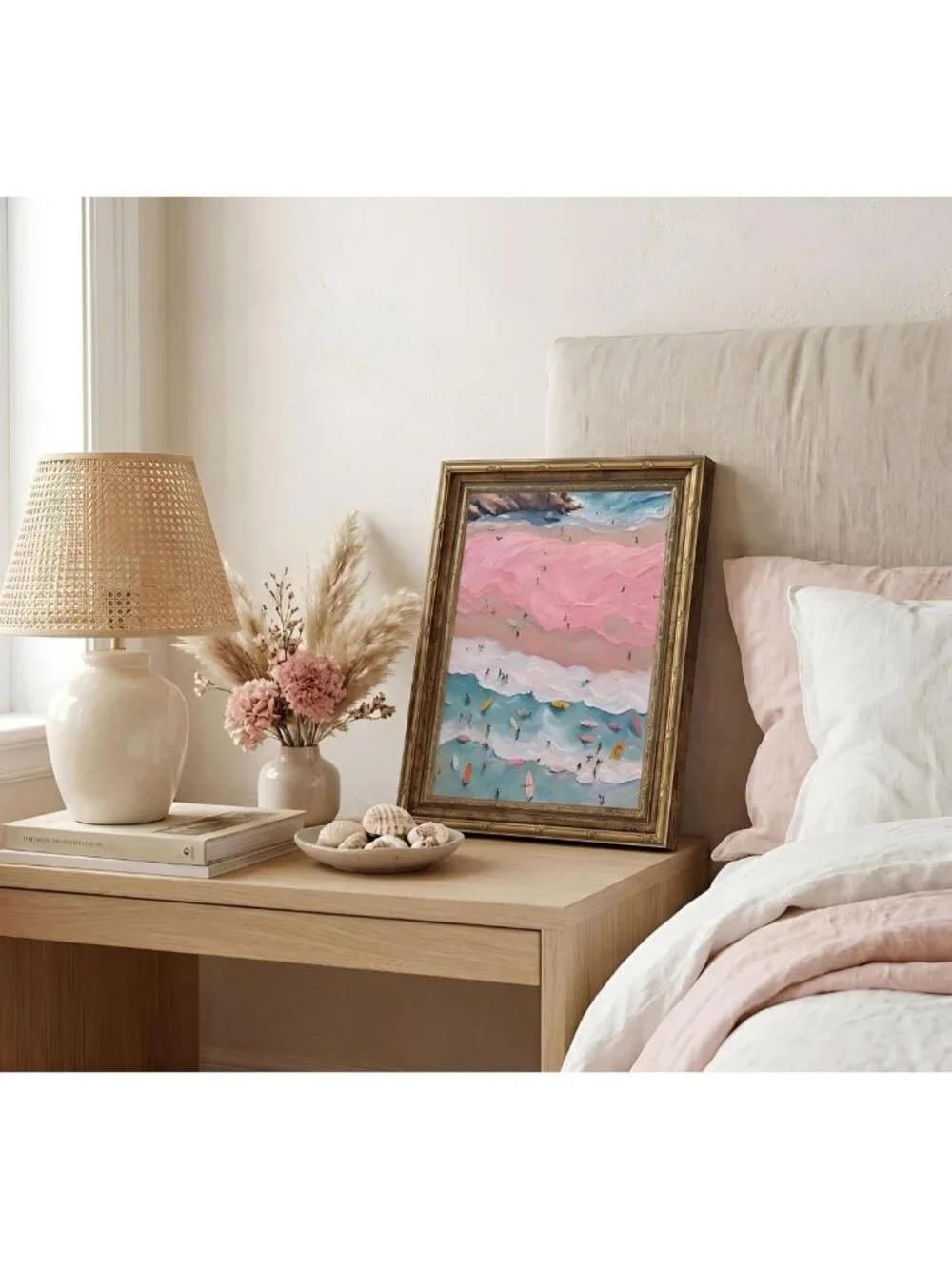 Vintage Coastal Surfers Canvas Wall Art | Pink & Blue Beach Decor 9x11in